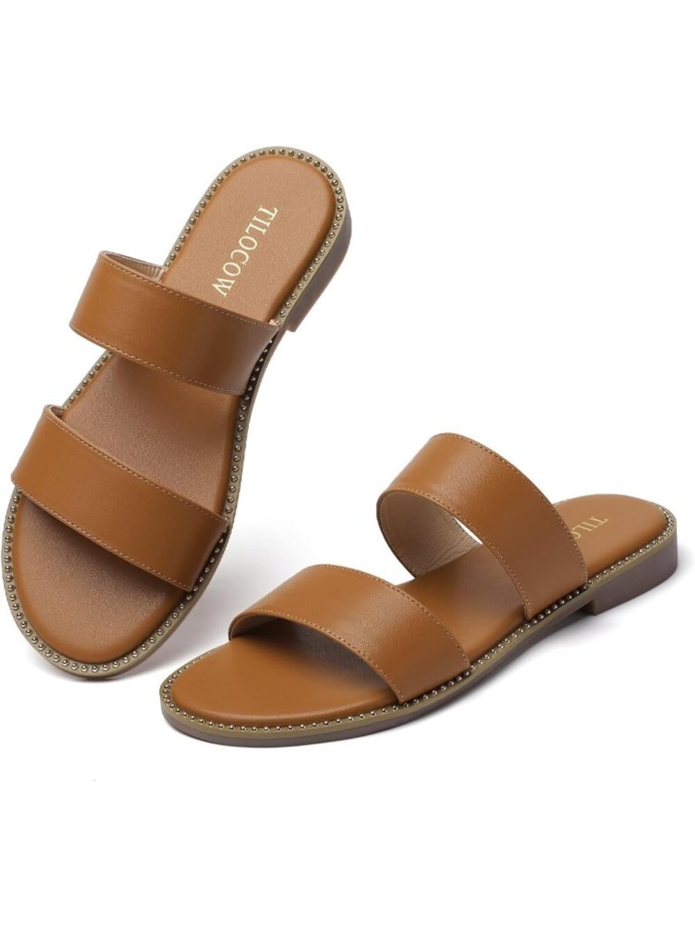 Women's Light Brown Lightweight Double Straps Rivet Trim Slides Flat Sandals